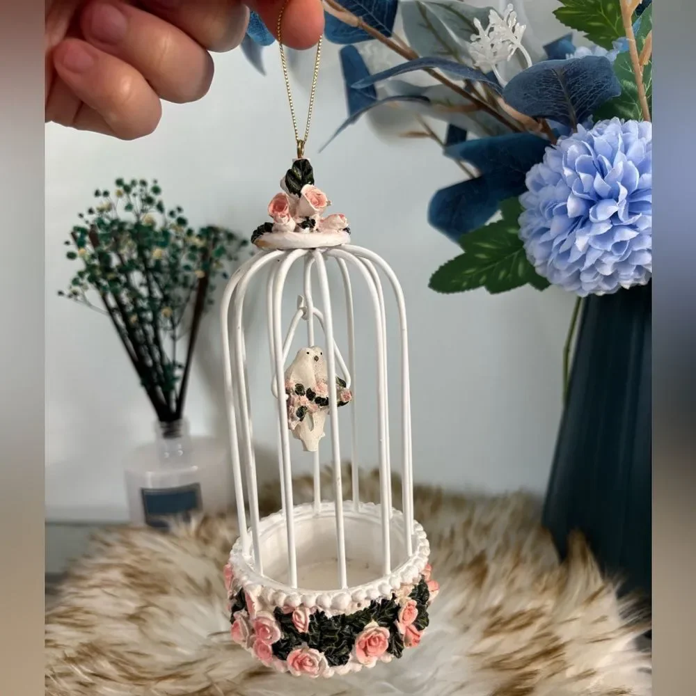 Shabby Chick White Pink Floral Cage That Hangs with 2 Lovebirds